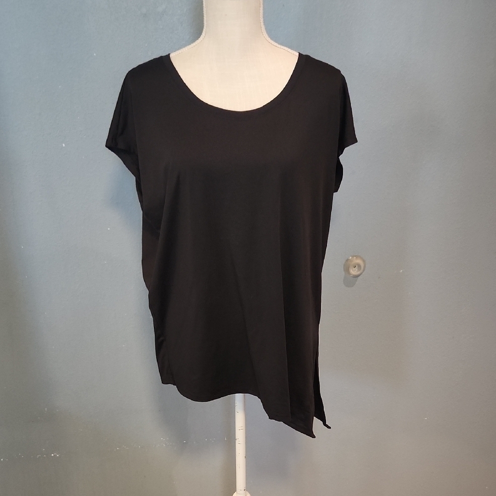 Champion Flowy Asymmetrical High Low Hem With Side Slit Boat Neck Cap Sleeve Top
